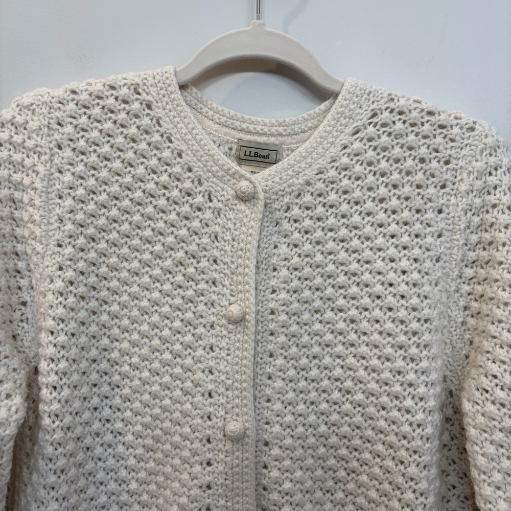 L.L.Bean Angora Wool Blend Popcorn Bobble Knit Cardigan Sweater In Ivory Size M - Picture 2 of 7